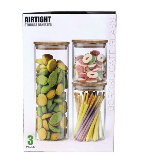 Picture of Aminno High borosilicate glass sealed storage jar set of 3 with Bamboo Wood Lids Jar