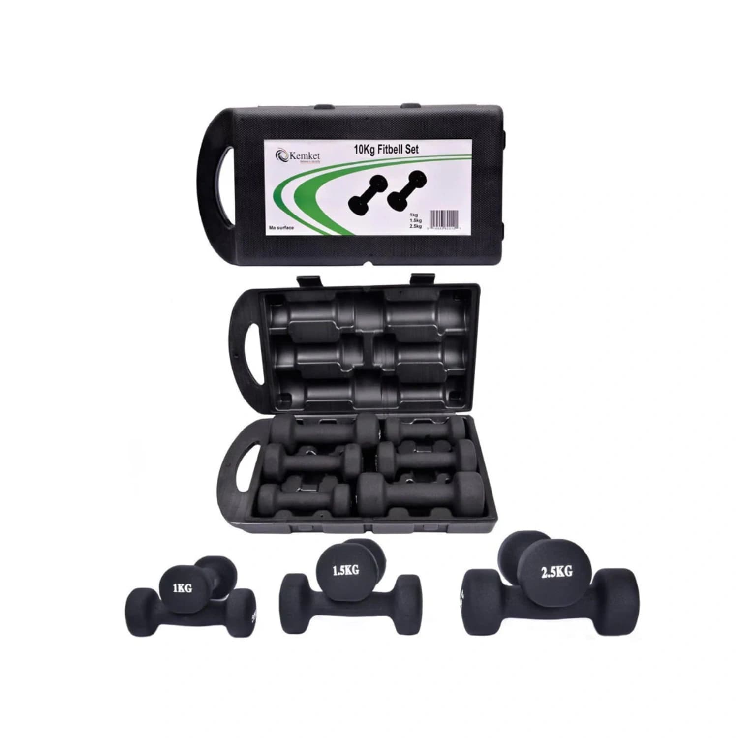 Kemket 10kg Vinyl Dumbbell Set with Molded Carry Case – Black & Grey