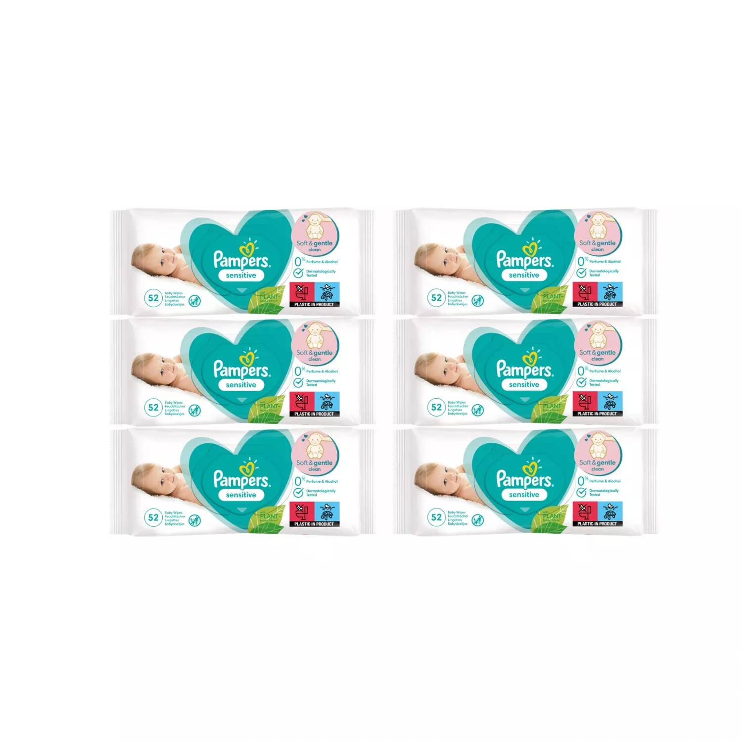 6x Pampers Sensitive Baby Wipes 52 Pieces