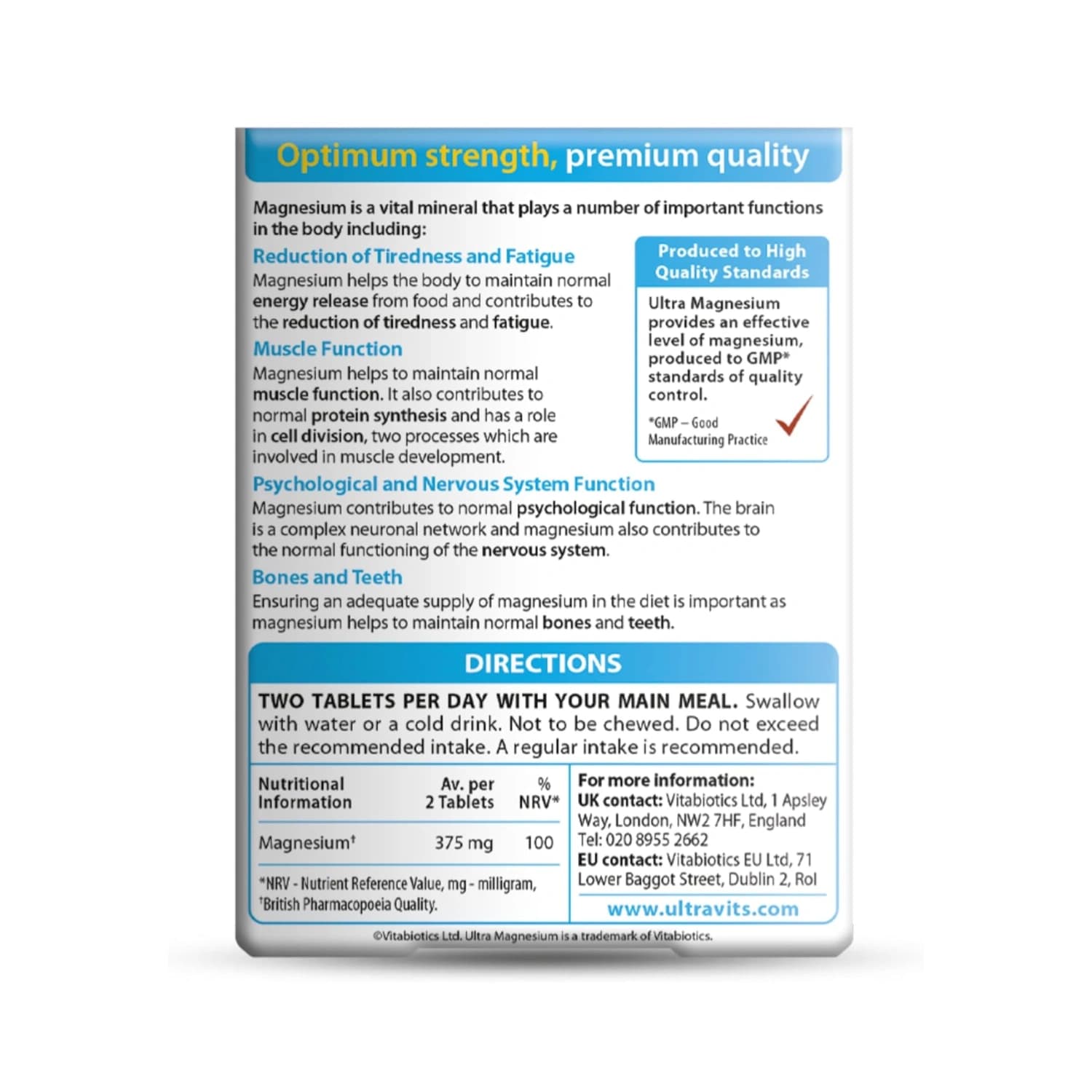 Vitabiotics Ultra Magnesium Supplement 375mg 60 Tablets