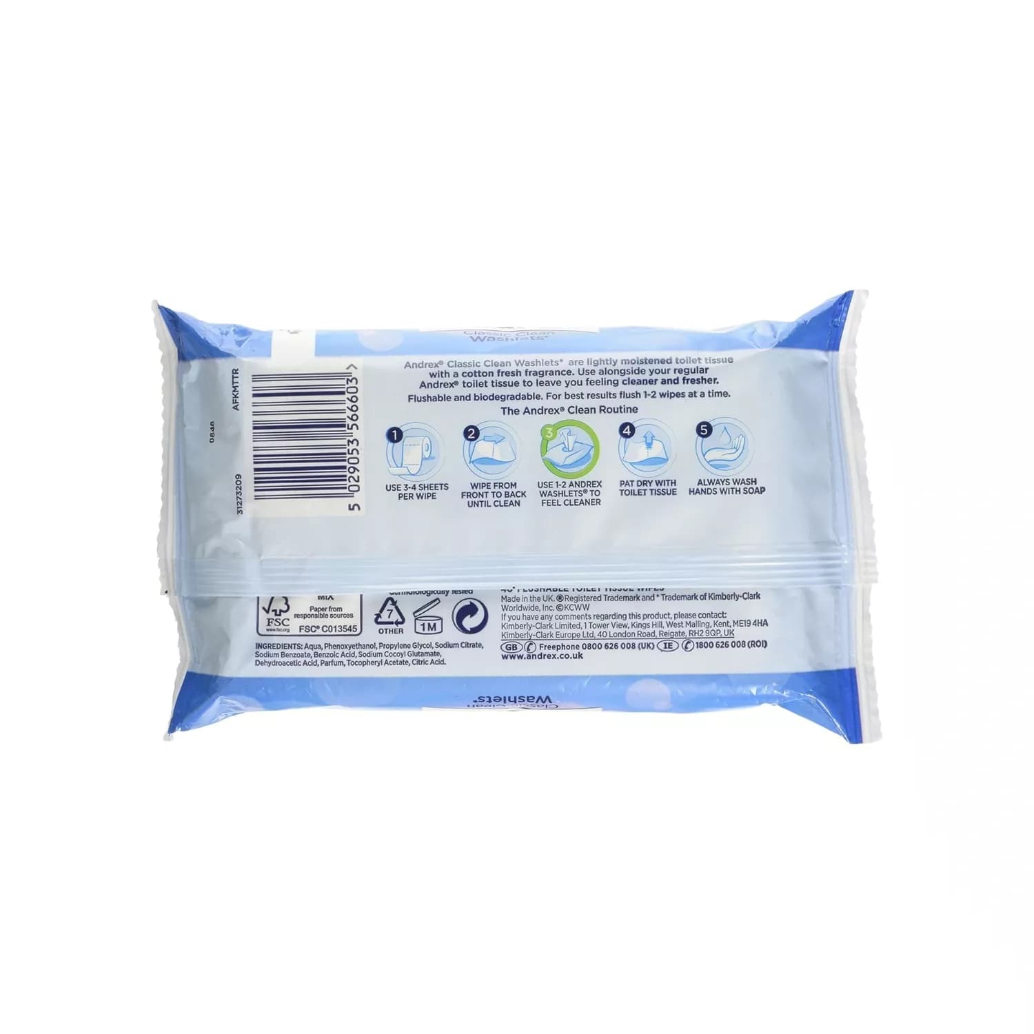 Andrex classic clean toilet tissue washlets cotton fresh 40 wipes 1