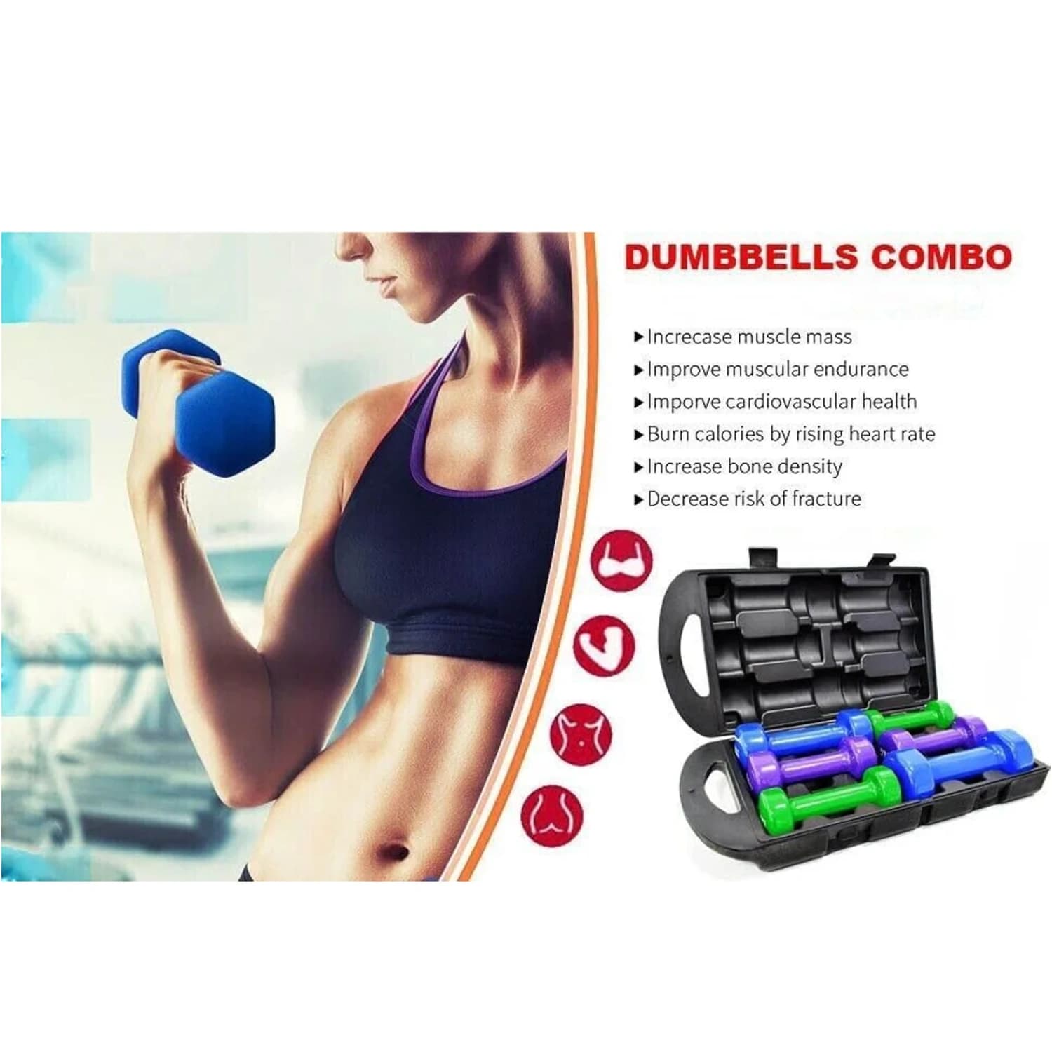 Kemket neoprene dumbbell set with carry case 10kg (green, purple, blue) (7)