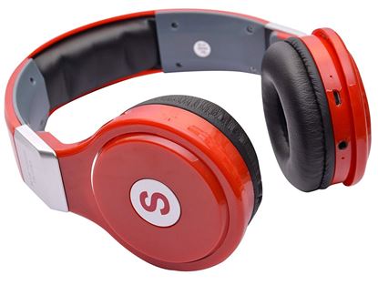 Picture of Bluetooth Wireless Stereo NFC Headphones - Over Ear Cordless Headphones with 3.5mm Wired Audio In, Rechargeable Battery, NFC Tap To Connect and built-in Microphone - Compatible with Mobile Phones, iPhone, iPad, Laptops, Tablets, Smartphones Red