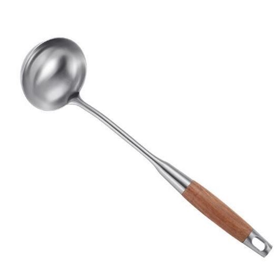 Picture of Stainless Steel Long Soup Ladle, 2.4 OZ Professional Kitchen Serving Spoons with Wooden Handle, Large Serving Ladle Chef Spoon for Cheese Soup, Chili, Gravy, Salad Dressing, 14.1 Inches