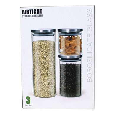 Picture of Aminno High Borosilicate Glass Sealed Storage 3 Jar Set With Stainless Steel Lid Kitchen Storage Container Stackable Modular Cereal Container Jar (500ml / 1000ml / 1800ml)